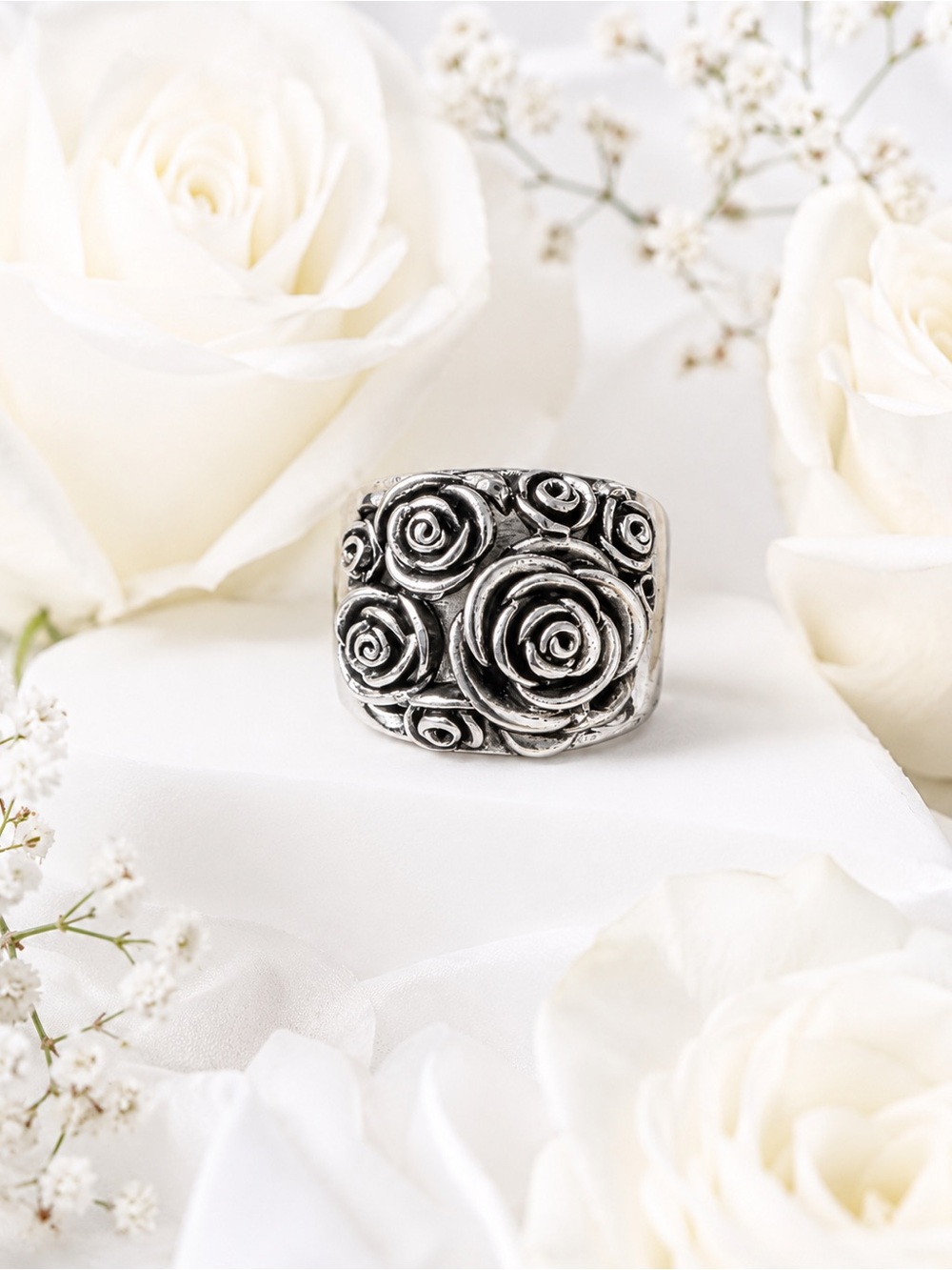 Sterling-Style Floral Rose Statement Ring in Silver size 10